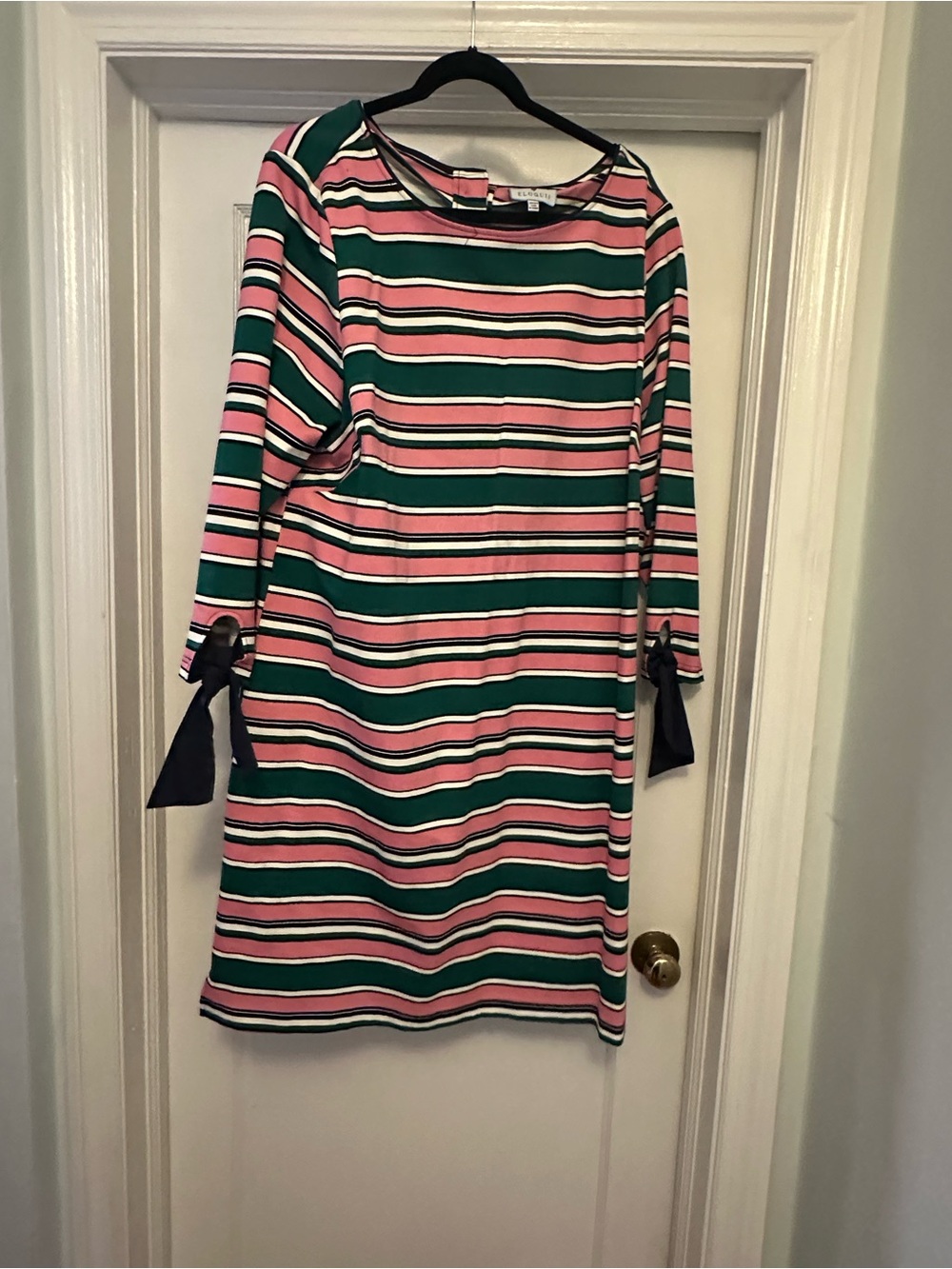 Eloquii Pink and Green Striped Tie-Sleeve Long Sleeve Dress